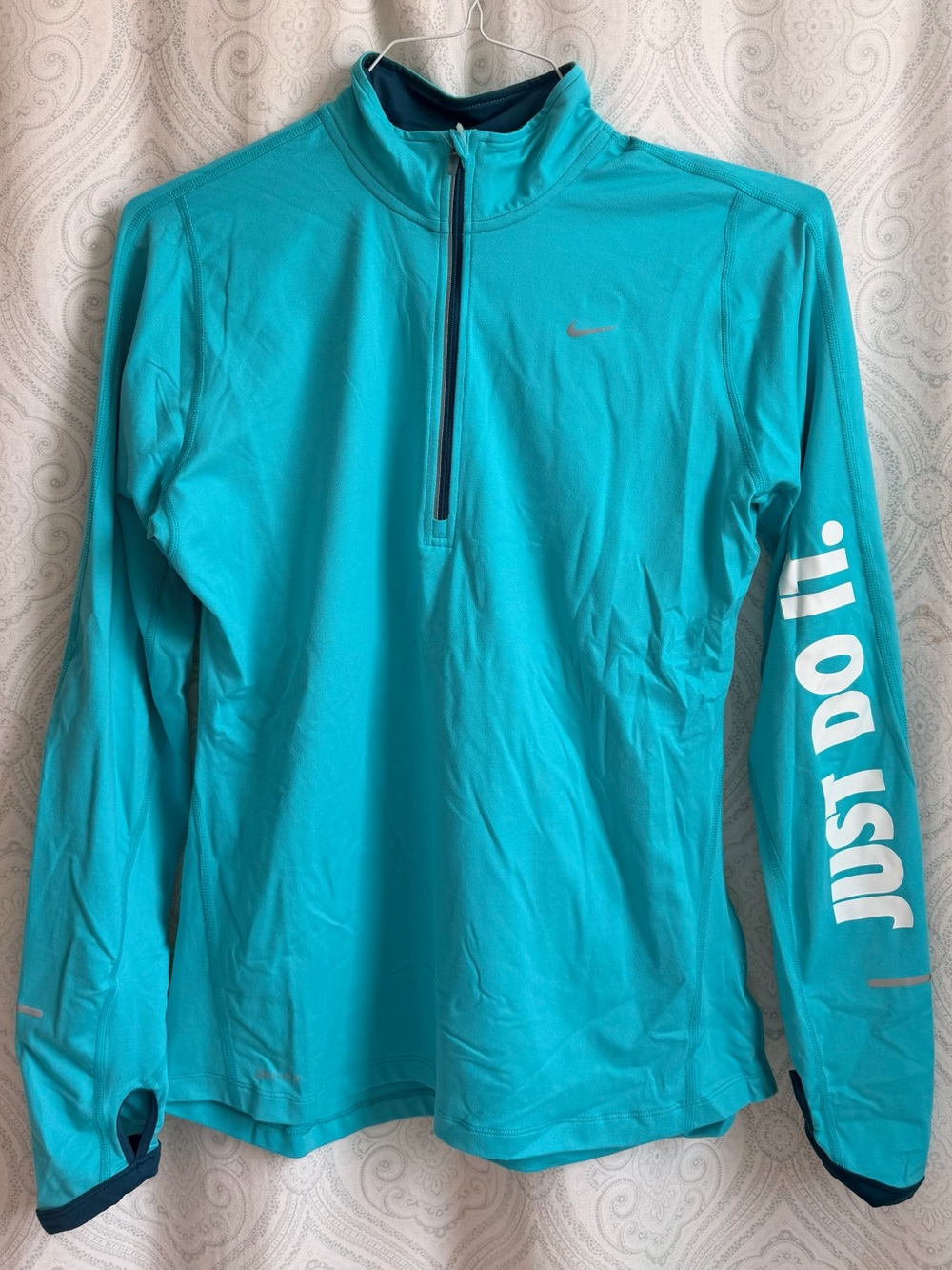 Nike Women’s Teal 1/4 Zip Long-Sleeve Top with "Just Do It" Sleeve